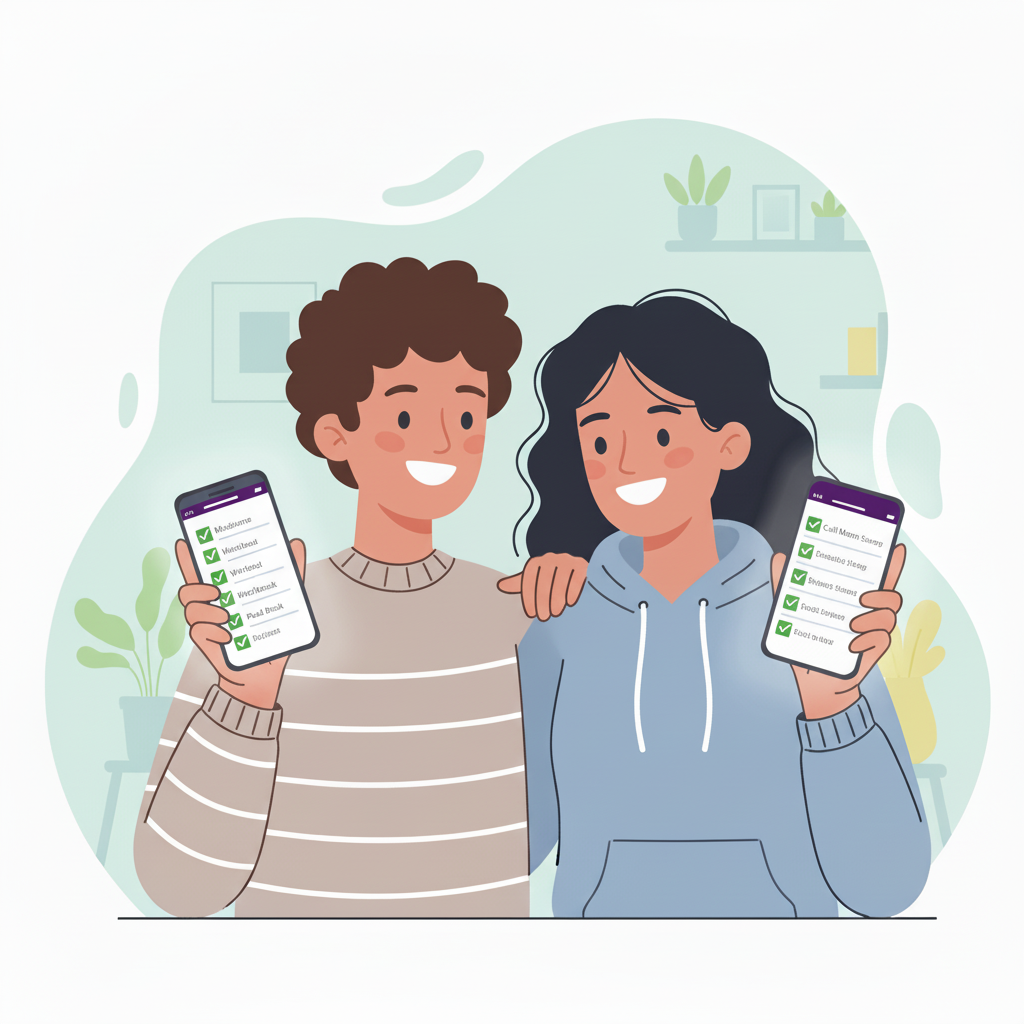 Two friends showing their completed to-do lists on their phones, celebrating productivity together