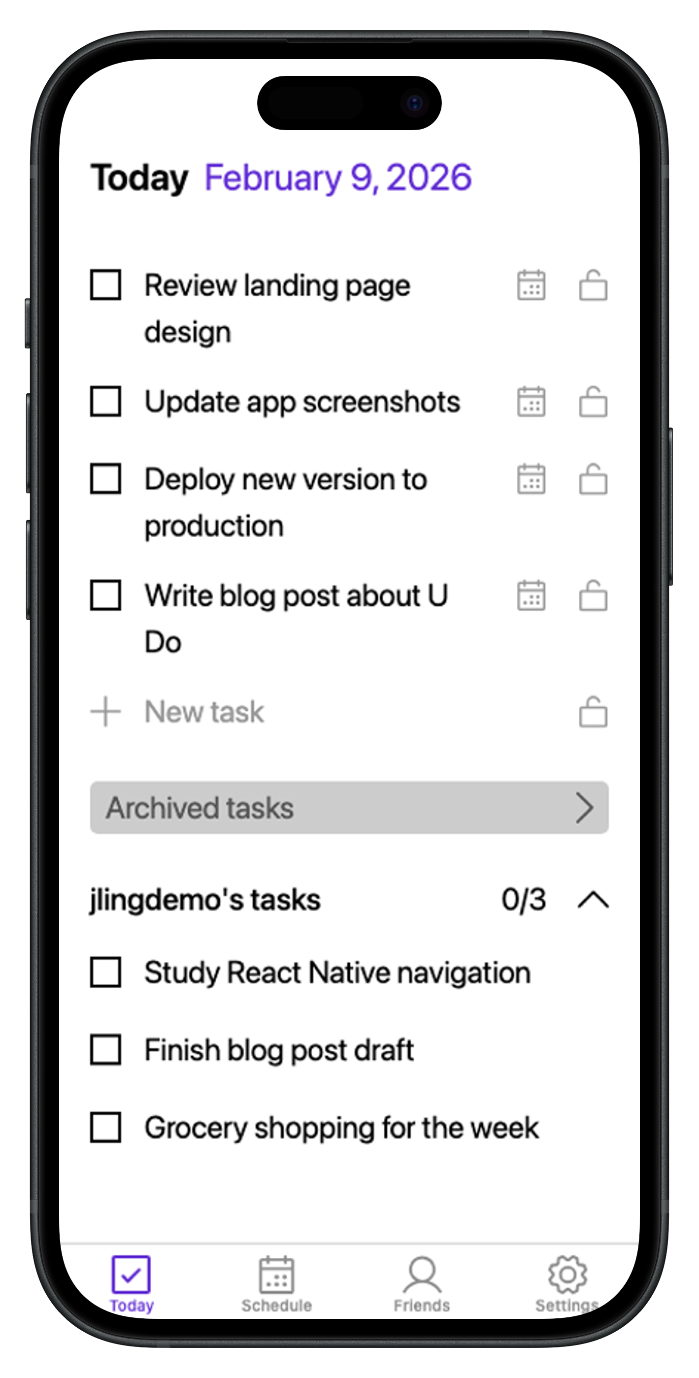 U Do app screenshot showing today’s tasks in a portrait layout